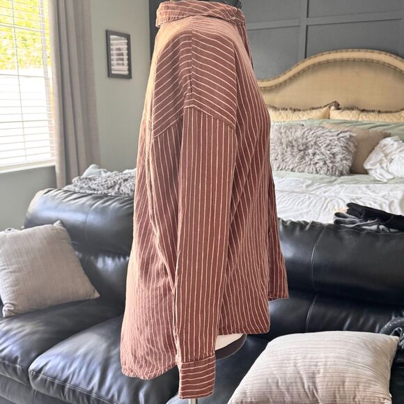 Calia Linen Blend Oversized Button-Up Shirt Brown White Stripe Long Sleeve M - Picture 5 of 10